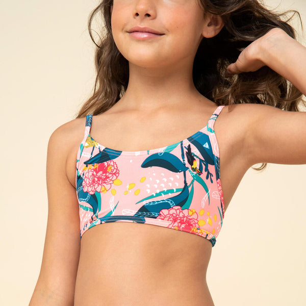 Teen Swimwear Crop Top Hibiscus Pink Print