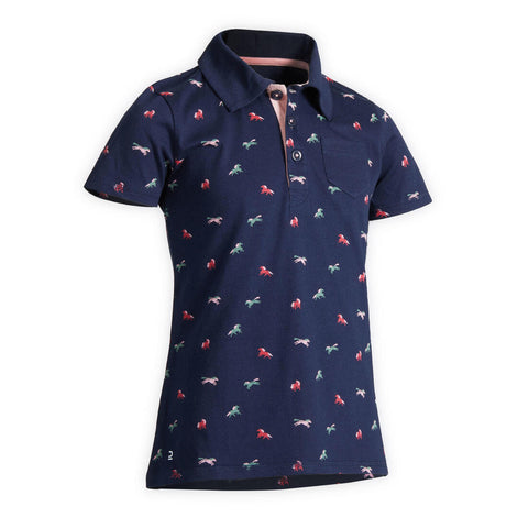 





140 Girls' Short-Sleeved Horse Riding Polo Shirt - Turquoise With Navy Designs