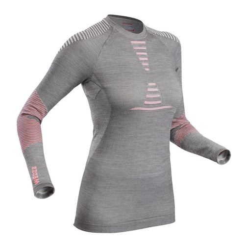 





Women's 900 Merino wool seamless thermal base layer ski top - grey/pink