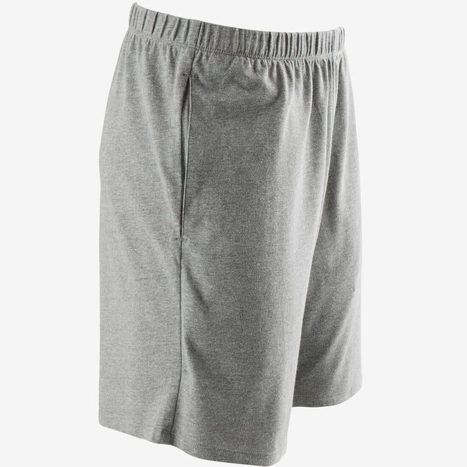 Men's Short Straight-Cut Cotton Fitness Shorts 100 With Key Pocket - Grey