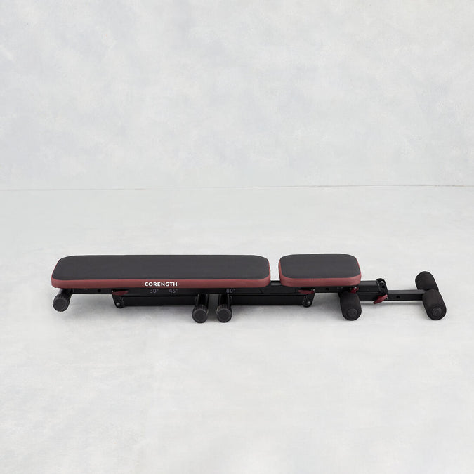 Robust and compact fold down incline weight bench with leg bar